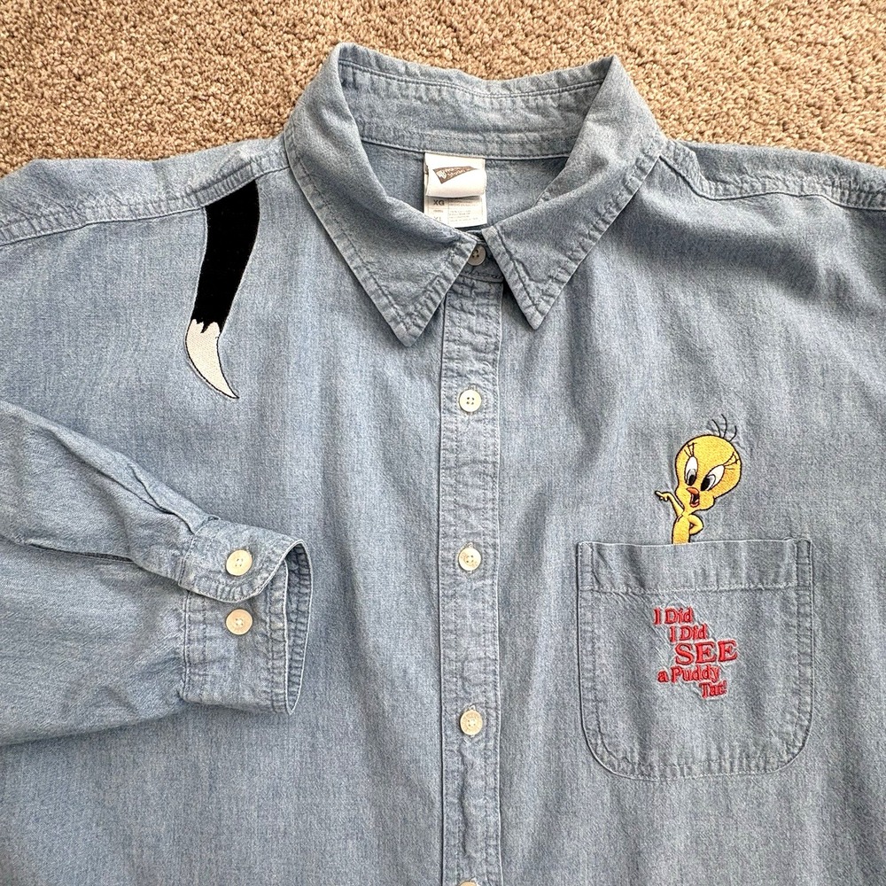 VTG Women's‎ XL Warner Bros. Looney Tunes Tweety Denim Chambray Shirt 90's